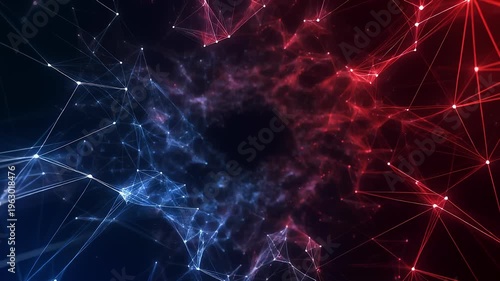 Abstract glowing plexus network of red and blue particles loop