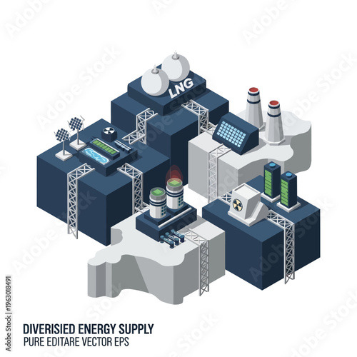 Isometric illustration of a diversified energy supply system, showcasing various power generation sources and storage.