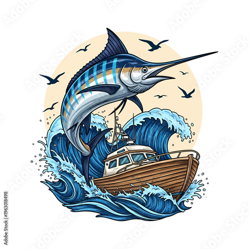 illustration of a leaping striped marlin over a fishing boat with sea waves and seagulls.