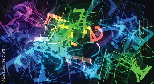 Vibrant abstract background featuring a chaotic explosion of glowing, fragmented shapes and lines in a stunning rainbow gradient on a dark backdrop.