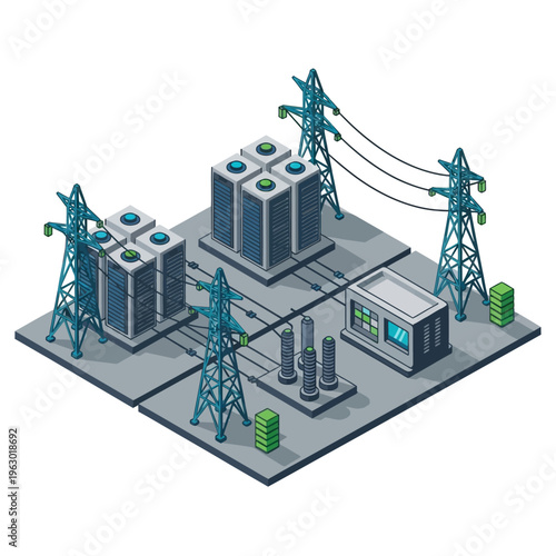 Isometric illustration of a modern electrical substation with data centers and power transmission towers, symbolizing energy infrastructure and technology integration.