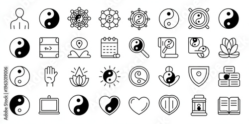 Yin Yang icons, black and white, 25 symbol set, vector graphics, spiritual wellness, meditation, balance