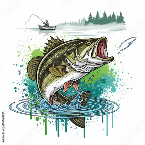 Largemouth bass jumping out of water with fisherman on boat and pine trees background illustration