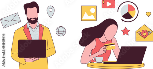 Professional man with laptop meets woman shopping online using credit card and digital tools around them