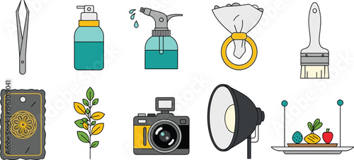 Set of 12 Photography and Cleaning Equipment Icons Including Camera, Spray Bottle, Tweezers, Filter, and More for Studio, Photography, and Housekeeping Designs