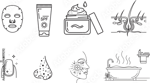 
Hand drawn set of food and drink icons featuring vintage sketches of coffee cups, pizza, and bread for cafe and kitchen design