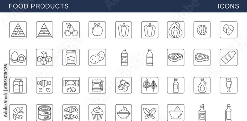 Food products outline icon set including fruits vegetables meat dairy bakery beverages canned goods and grocery packaging symbols