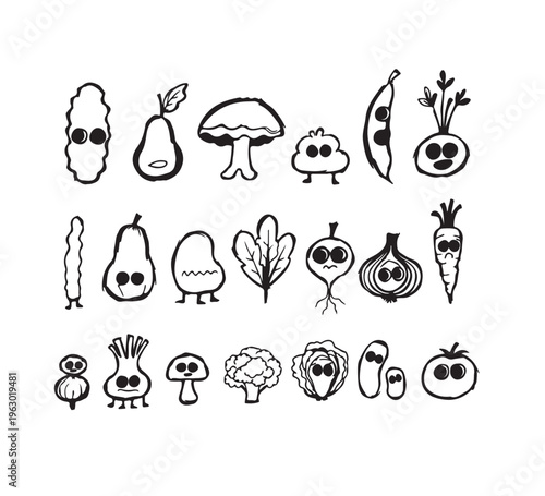 A whimsical collection of cartoon vegetables and fruits with expressive faces, perfect for playful designs and healthy eating themes