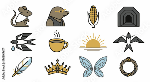 A minimalist set of 12 geometric flat vector icons for the climax of "Thumbelina," isolated on a white background. The aesthetic is extremely simple, 2D graphic design with perfect shapes