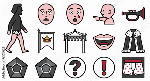 A minimalist set of 12 geometric flat vector icons for "The Emperor's New Clothes" procession theme, isolated on a white background. The aesthetic is extremely simple, 2D graphic design with perfect 