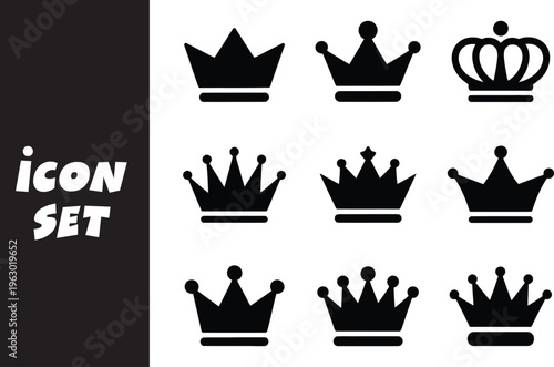 A set of black crown icons in various shapes and sizes on white