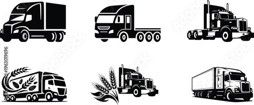 Black and White Truck Silhouette Icons Set - Semi Truck, Cargo Truck, Logistics Vector Illustrations