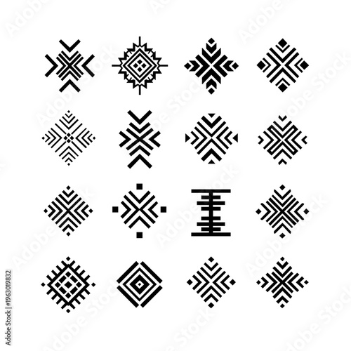 Ethnic geometric shapes collection with symmetrical designs and strong cultural visual identity