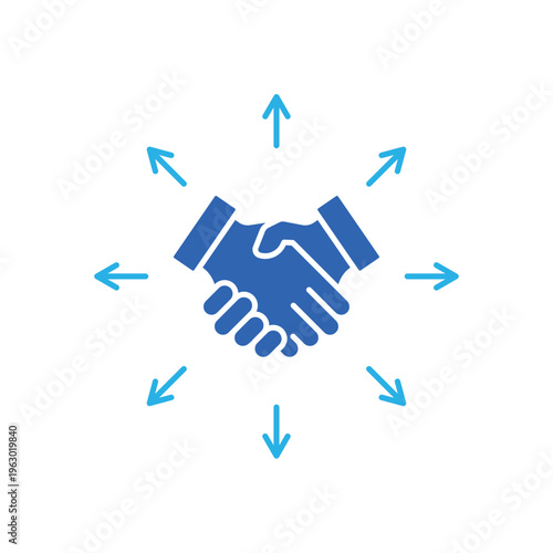 icon a trade expansion with central handshake and outgoing arrows, isolated against a clean background.