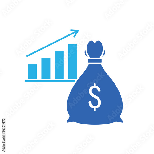 icon an economic stimulus with a money bag and rising bar chart, isolated against a clean background