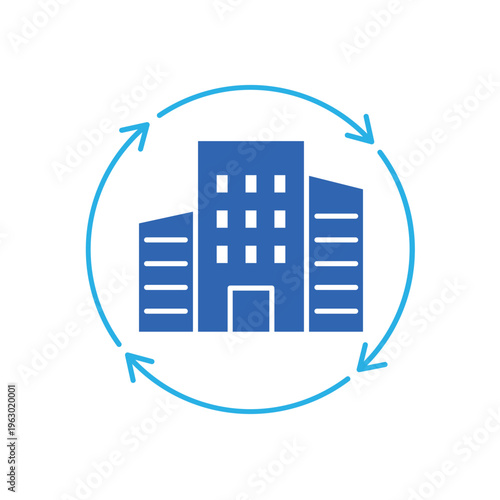 icon an urban renewal with circular arrows around corporate buildings, isolated against a clean background.