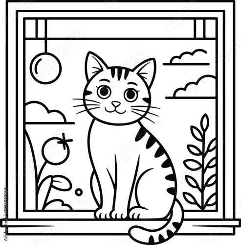 A cute little striped tabby cat sitting on a windowsill for coloring book page