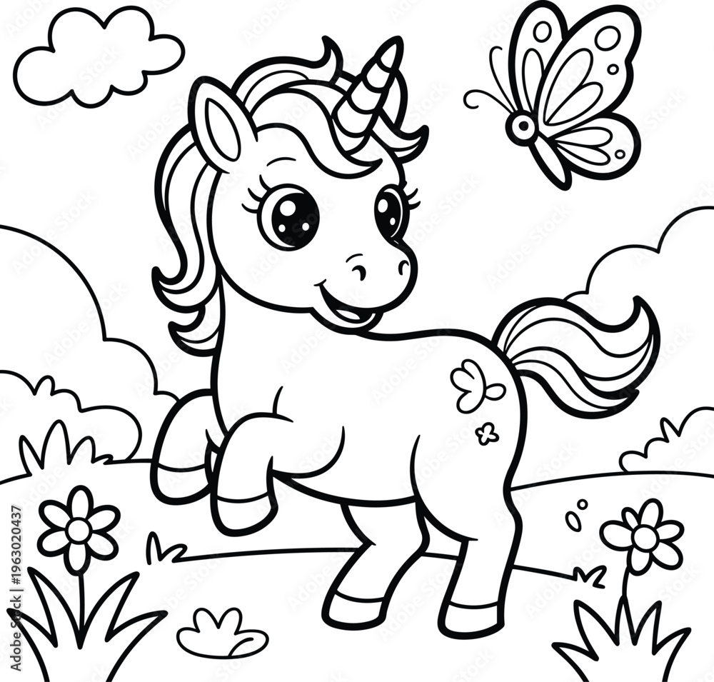 Fototapeta premium A cute little unicorn playing in a meadow with a butterfly and flowers
