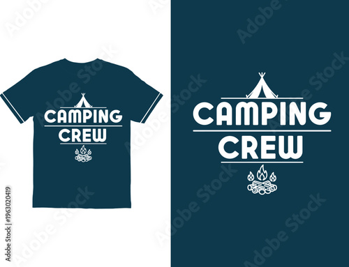 Camping crew tshirt design with tent and campfire logo on blue