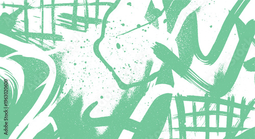Abstract green and white graphic background with expressive brush strokes, lines, and paint splatters, splatter background