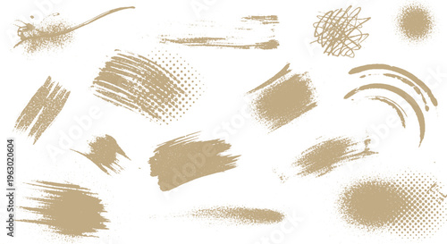 Collection of assorted tan and beige grunge texture brush strokes, ink splatters, and halftone patterns, graphic resource