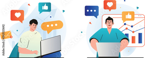 Two individuals engaging with digital communication and analytics platforms for social interaction and data insights