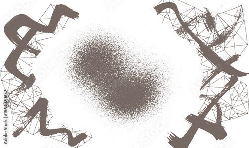 Abstract graphic art with calligraphic figures and geometric elements, textured spray paint center, depicting movement and connection, brush stroke