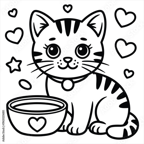 Cute tabby kitten coloring page with hearts and food bowl