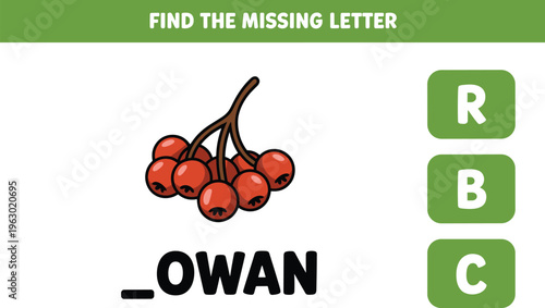 Educational worksheet for children to find the missing letter of the word rowan
