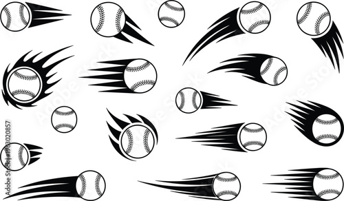 Flying baseball vector set, fast motion sports balls with speed trails dynamic action design