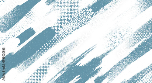 Dynamic abstract background with blue and white diagonal brush strokes and subtle halftone texture, energetic energetic distressed design for creative use, brush stroke