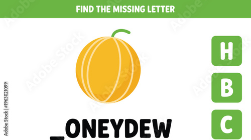 Educational worksheet for children to learn spelling by finding the missing letter of honeydew