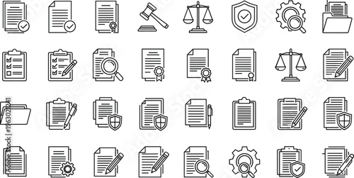Document management and legal paperwork outline icon set including contract certificate checklist folder security approval and compliance symbols