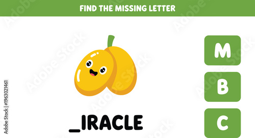 Educational worksheet for kids asking to find the missing letter for a fruit