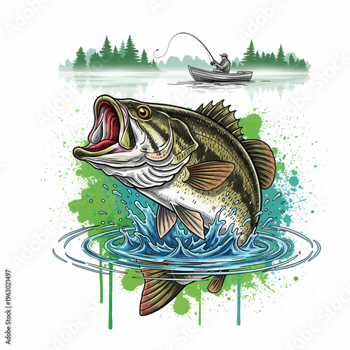 Largemouth bass jumping out of water with fisherman on boat and pine trees background illustration