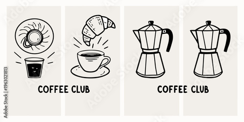 Minimalist black and white illustrations of coffee pastries and equipment