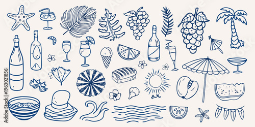 Summer themed doodles tropical fruits drinks and beach elements