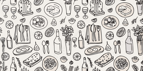 A seamless pattern featuring hand drawn illustrations of food drinks and floral arrangements