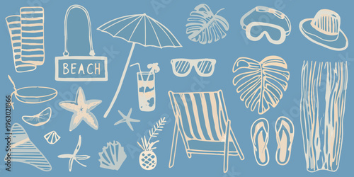 A charming collection of hand drawn beach essentials on a blue background