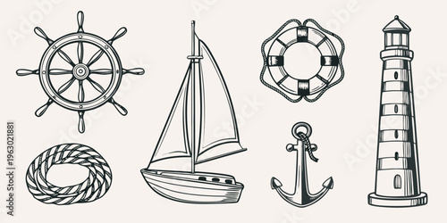 Vintage nautical elements including a ship s wheel sailboat and lighthouse