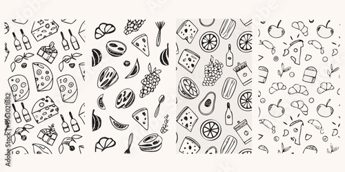 Hand drawn sketch pattern featuring various foods fruits and beverages