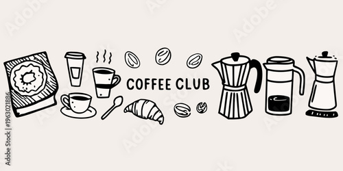 A charming doodle illustration of coffee pastries and brewing equipment