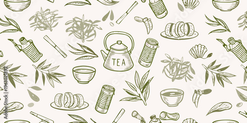 Vintage botanical pattern featuring tea pastries and floral elements