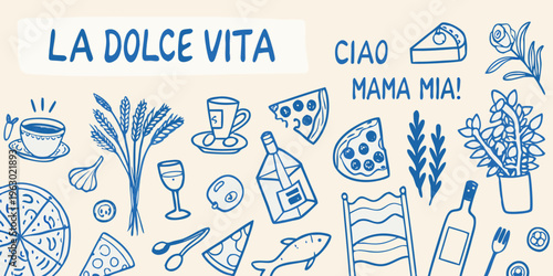 Italian themed doodle art featuring food drink and decorative elements