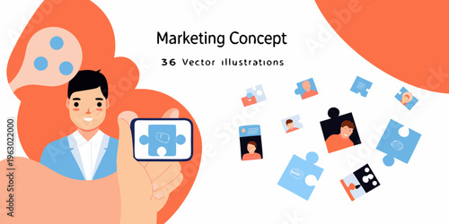 Marketing concept illustration with a person presenting a puzzle piece solution