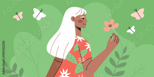 A woman with long white hair surrounded by butterflies and flowers