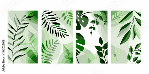 Vertical panels displaying diverse tropical leaf arrangements in shades of green