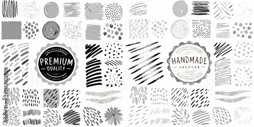 Collection of hand drawn textures patterns and decorative elements in grayscale