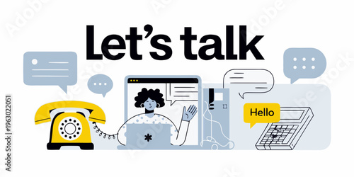 Communication methods illustrated with a person using a laptop and other devices