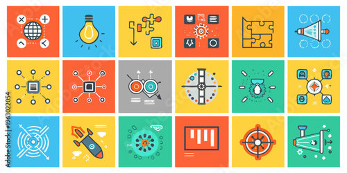 Colorful grid of flat design icons representing innovation and problem solving